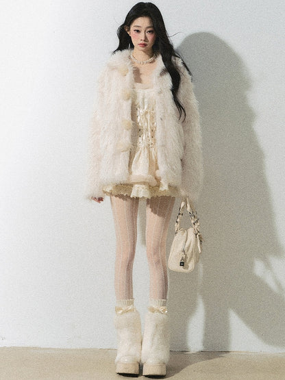 アプリコットのレースアップティアードスカートロングスリーブドレス