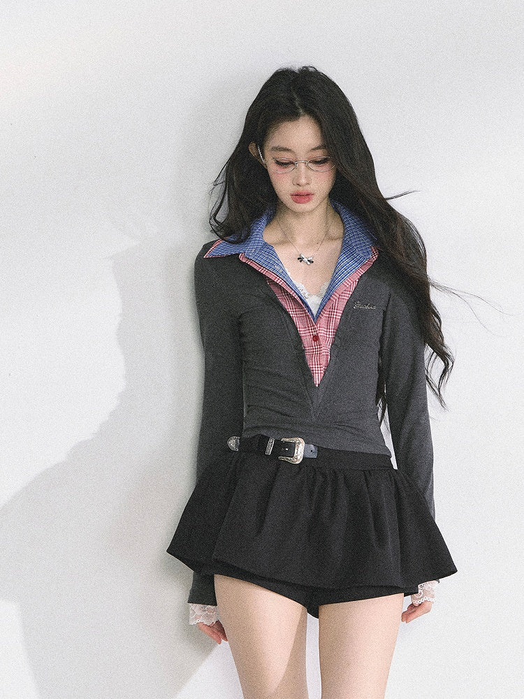 Plaid Collar Gray Slim-fitting Top Faux Two-pieces Red
