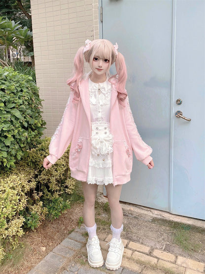 Style Hoodie Bow Zip-up Lace Jirai | Light with Pink Ears Kei Details and Bunny