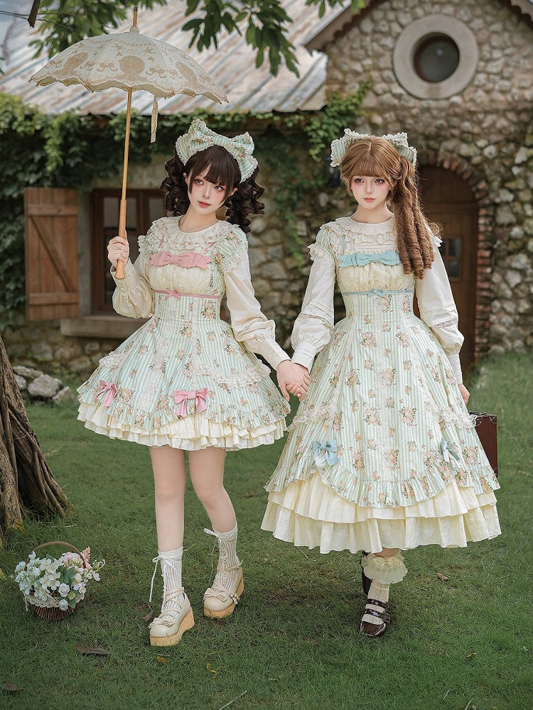 Floral Striped Dress Set with Hair Clip and Choker - With PUJI