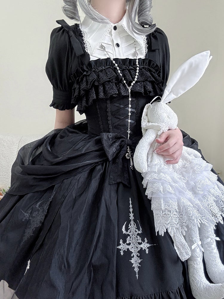 Black with Jumper Gothic Overlay Drawstring Boned Detachable Waist Lolita Skirt