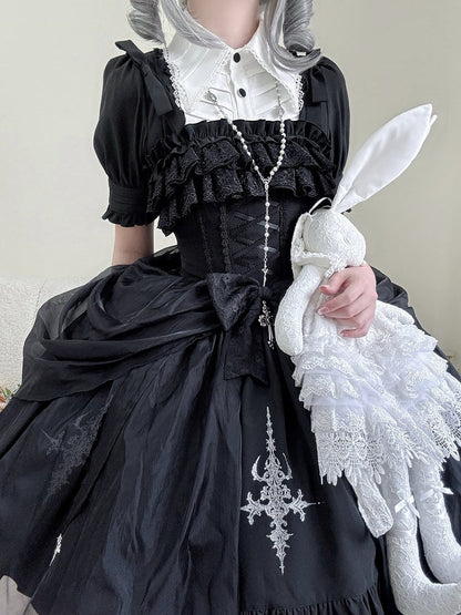 Black with Jumper Gothic Overlay Drawstring Boned Detachable Waist Lolita Skirt