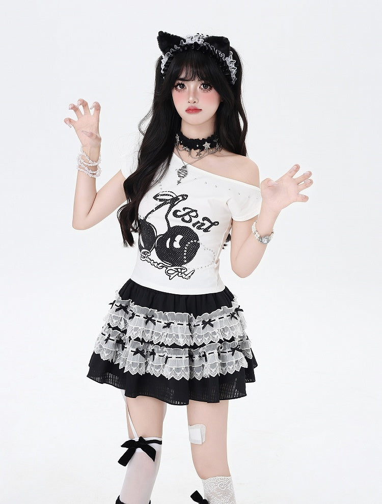 Tiered Skirt Trim Bow Details Black and White Lace