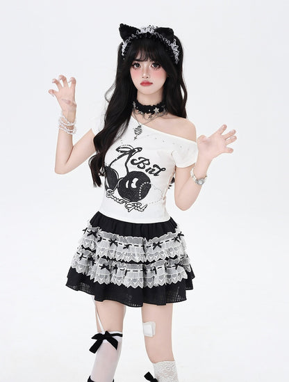 Tiered Skirt Trim Bow Details Black and White Lace