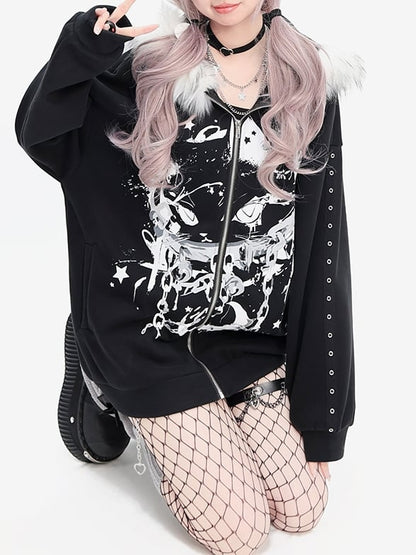Punk Anime Cat Schwarz Dicker Kapuzenpullover mit Reißverschluss