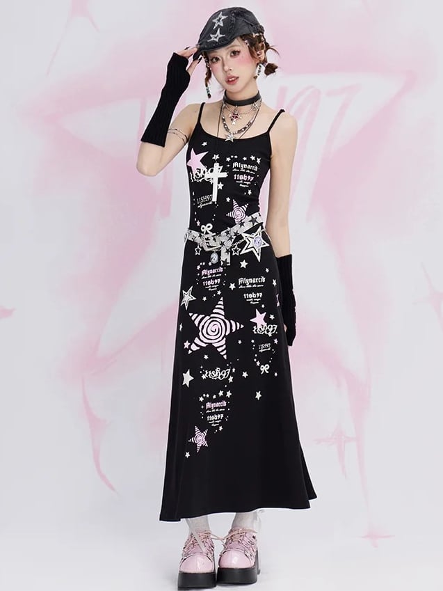 Black Y2K Stars Tea Length Cami Dress
