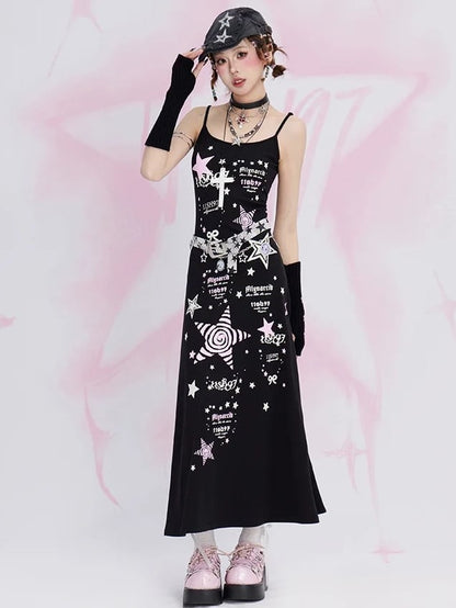 Black Y2K Stars Tea Length Cami Dress