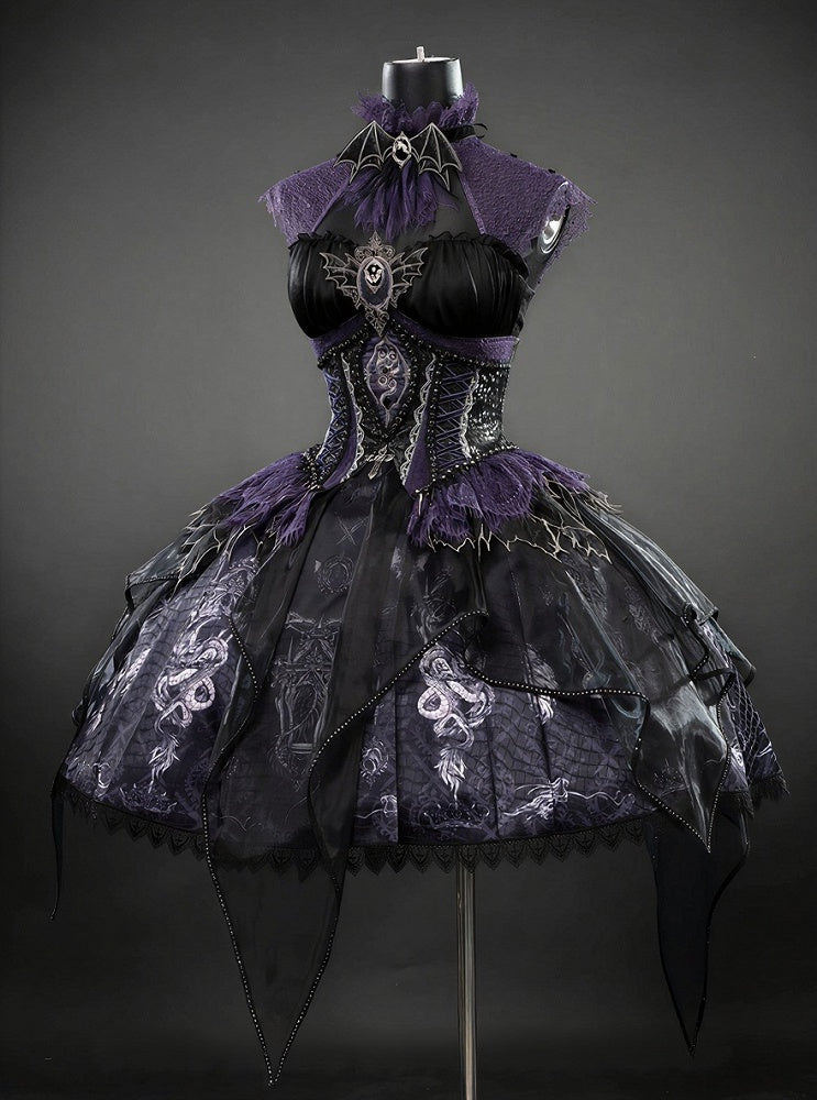 Black & Purple Bone Dragon Embroidery Halter Neck Gothic Lolita Dress Set - Ying Luo Fu