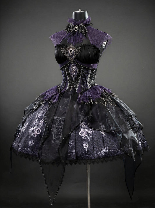Black & Purple Bone Dragon Embroidery Halter Neck Gothic Lolita Dress Set - Ying Luo Fu