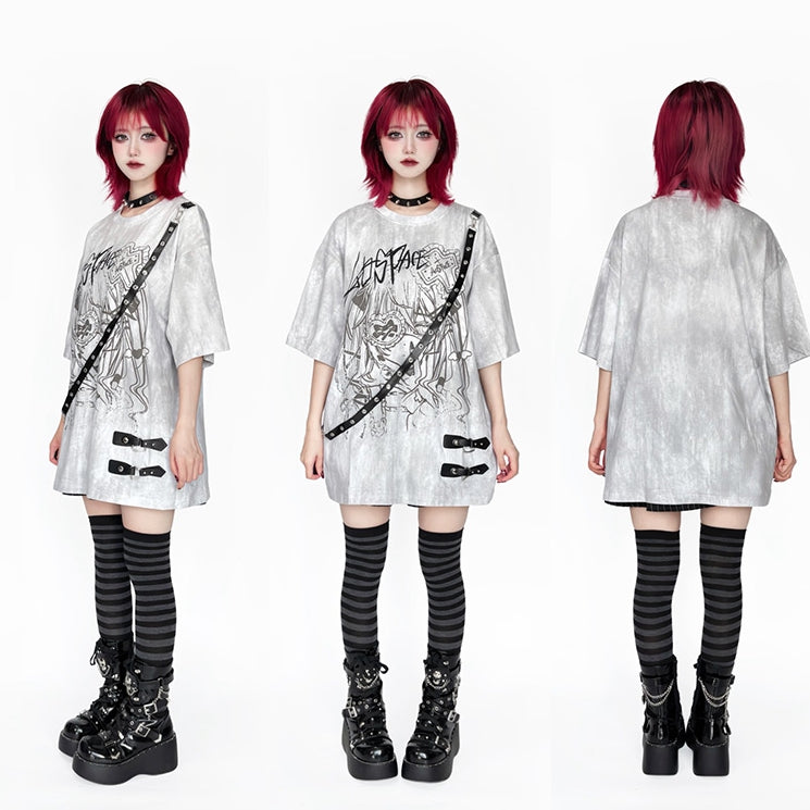 Anime Tie Strap Detachable Dye Decor Black/White T-Shirt with Print Girl Leather