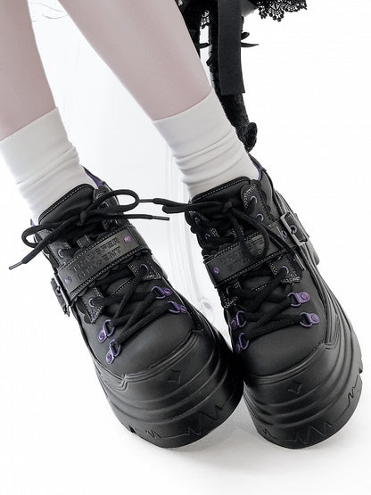 - Platform Strap Closure Black Design Shoes Lace-up Buckle Punk