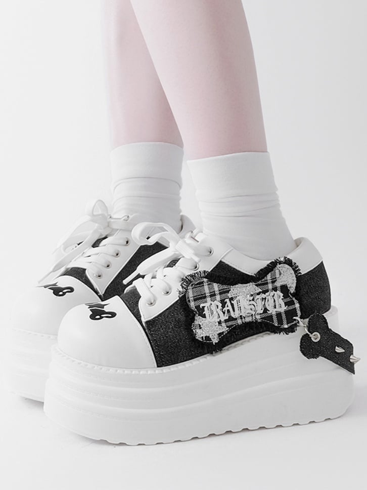 Black & White Punk Bone Applique Silver-tone Studs Platform Shoes