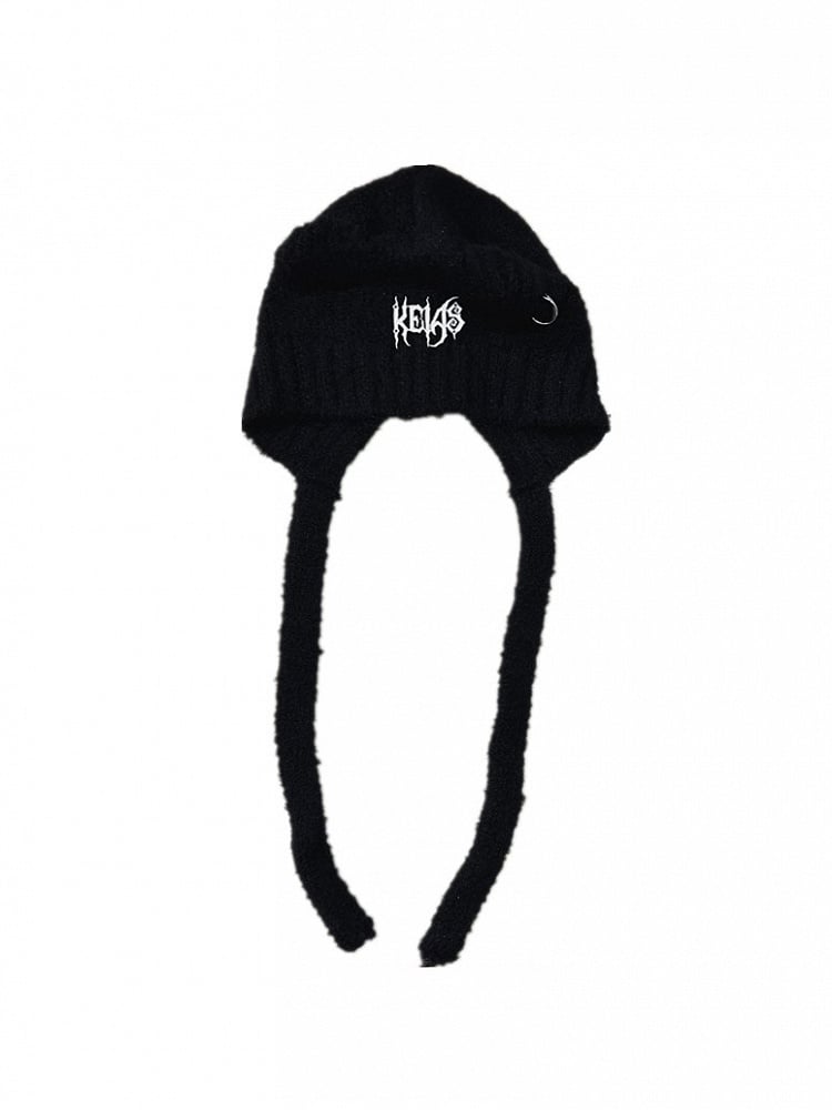 Black Knit Ties Lettering White Y2K Punk Dangling Beanie with