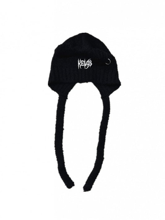 Black Knit Ties Lettering White Y2K Punk Dangling Beanie with