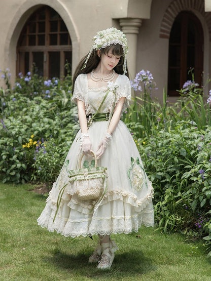 Beige Classic Lolita Long Dress Set with Embroidery & Lace Layers - Lunar Radiance