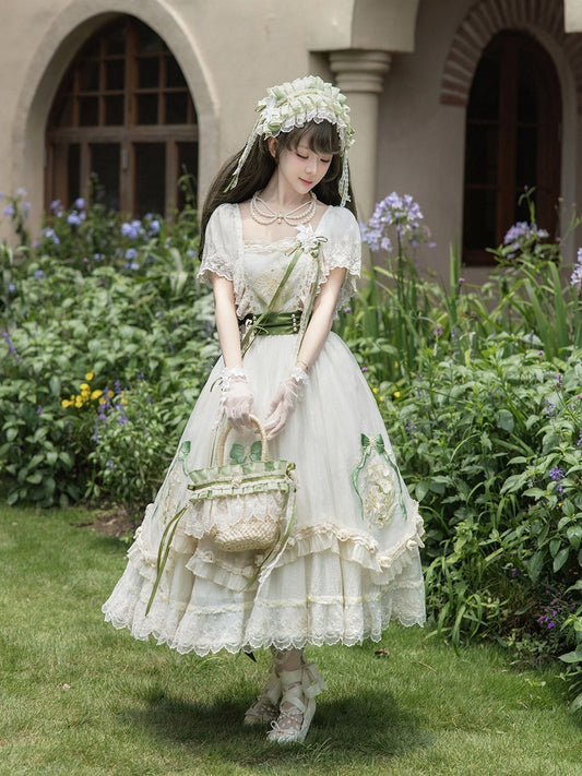 Beige Classic Lolita Long Dress Set with Embroidery & Lace Layers - Lunar Radiance