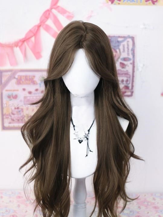 Wig Long Wavy Black/Brown Curtain Bangs