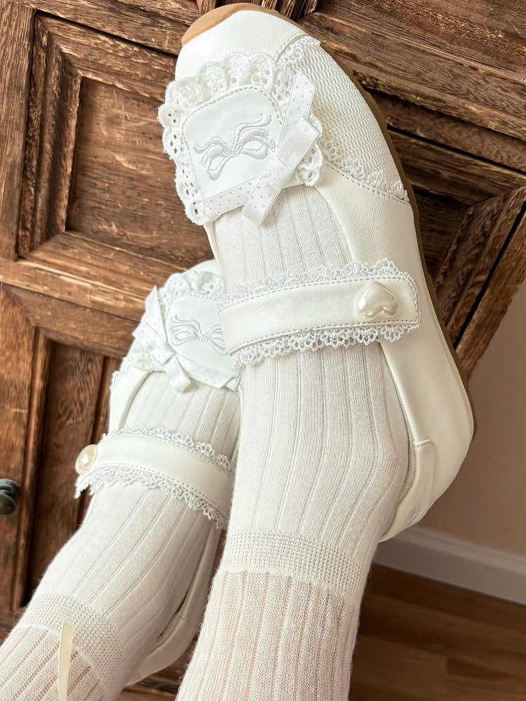 Heart-Adorned Bow Velcro Trim Sweet - Details Flat Lolita Lace Straps White Shoes