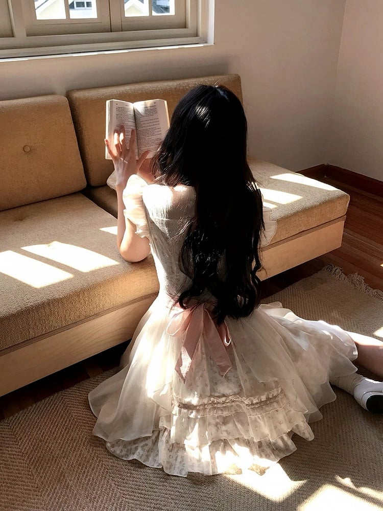 White Seiso-Kei Floral Flutter Sleeve Dress Ruffle - LA LA JK