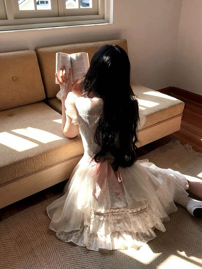 White Seiso-Kei Floral Flutter Sleeve Dress Ruffle - LA LA JK