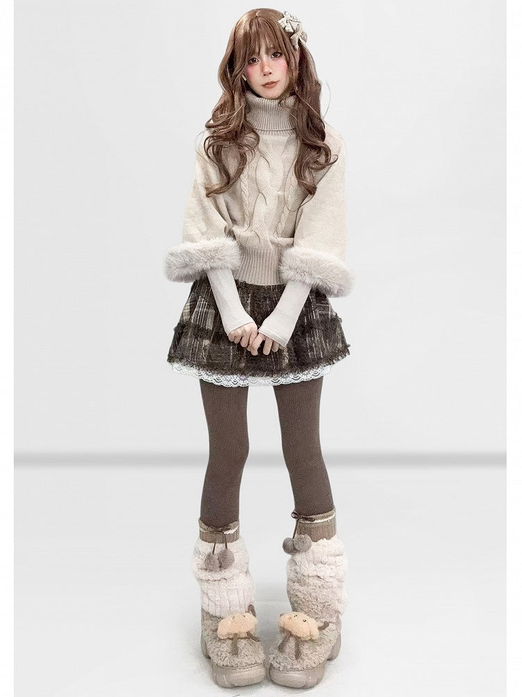 Batwing Sleeve Sweater Design Plush Neck Turtle - Cuff Beige