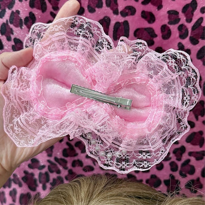 Hairclip Lolita Heart Hime Pink Lace with Chain Pearl Bowknot
