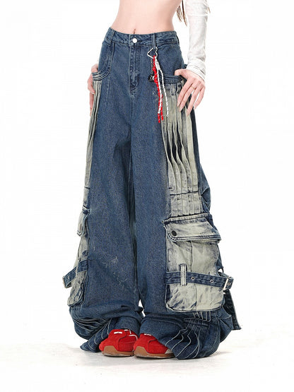 Lockere Cargo-Jeans mit weitem Bein und verblassten Taschen Blau