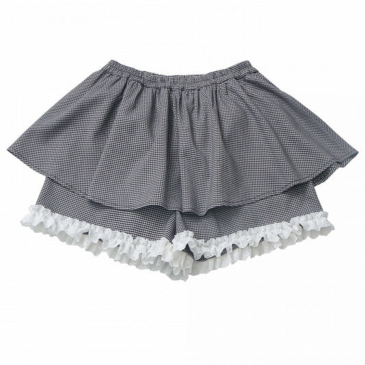 チェック柄の伸縮性ウエスト、フリルレーストリムのスコートとホワイトブラック