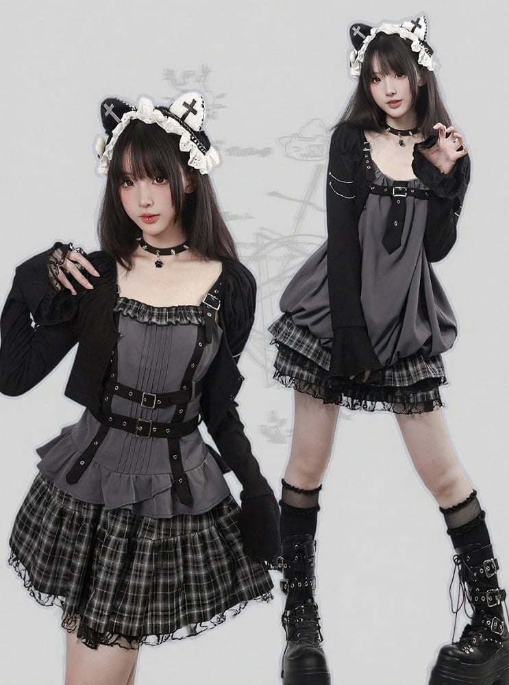 Black & Gray Plaid Mini Skirt with Lace Edging - PINK SAVIOR