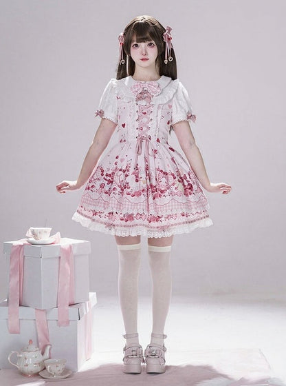 Pink Bunny and Cherry Print Short-Sleeve OP Dress with Matching Skirt - Doki Cherry