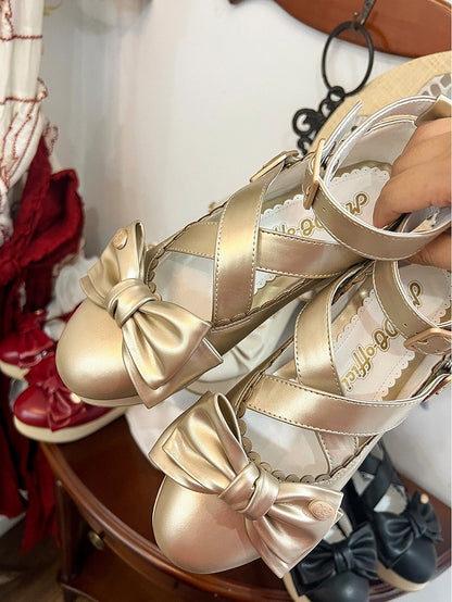 Platform Sweet in Look Bow Mary Shoes Lolita PU Top Wooden Golden at Jane