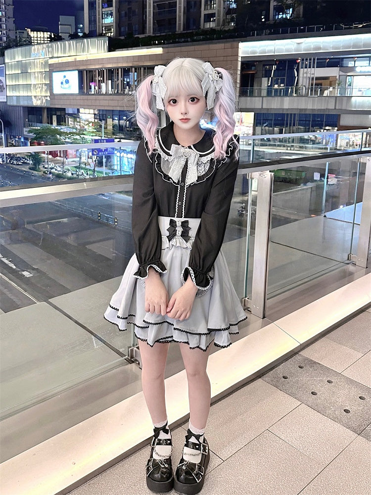 Tie Jirai Kei Schwarze Bluse mit Peter-Pan-Kragen und langen Ärmeln, gratis mit Schleife