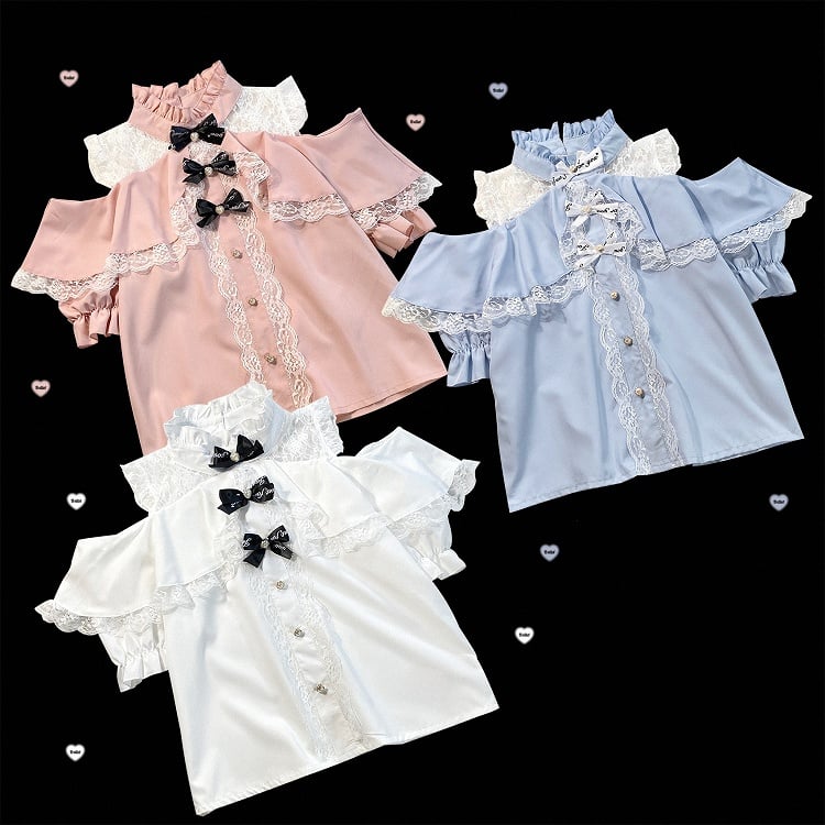 コントラストオープンパッチケイレースブラウスジライホワイト/ピンク/ブルーショルダー