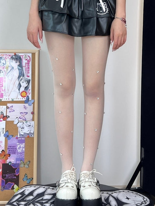 Heart Rhinestone Tights Decorated White