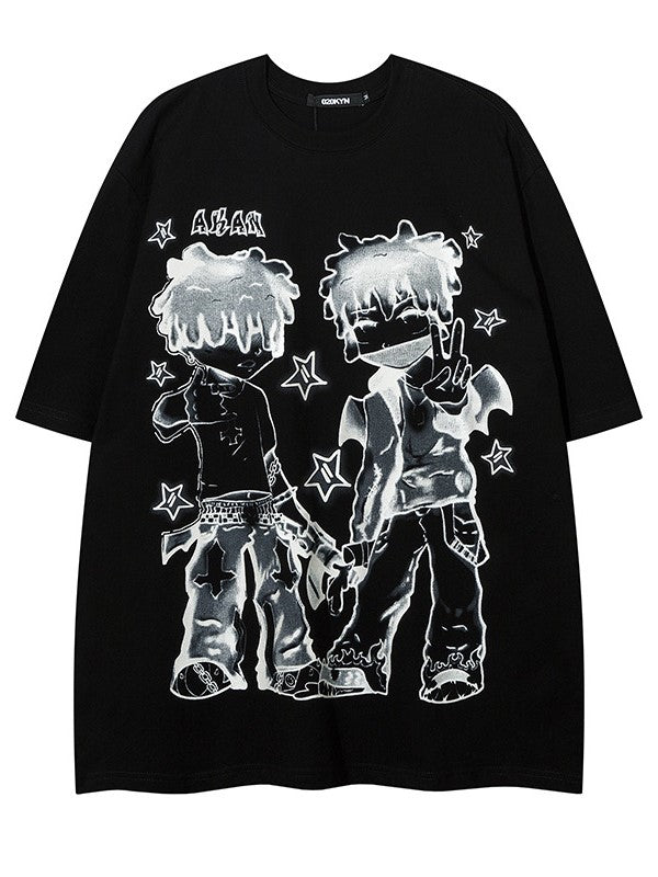 Loose-Fit Anime Character Graphic Tee - Flattering and Stylish White/Black/Pink