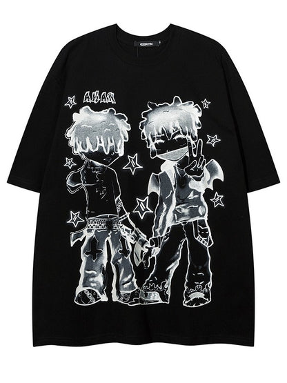 Loose-Fit Anime Character Graphic Tee - Flattering and Stylish White/Black/Pink