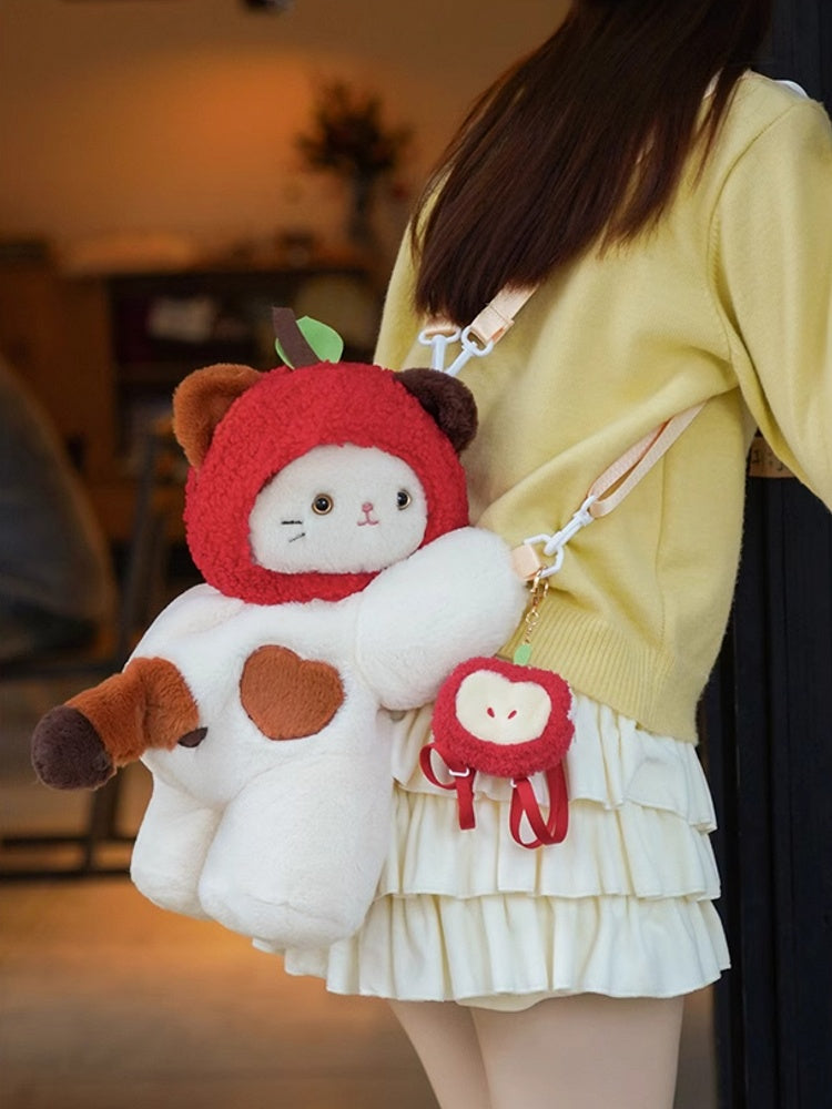 Red Cute Apple Plush Keychian Middle/Large Bag Backpack White Hat Heart Kitty Size + Backpack/Crossbody