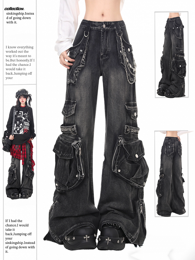 Zip Cuffs and Faded Low Waist Jeans Black/Blue with Punk Flare Cargo Wash