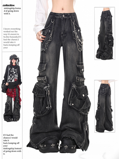 Zip Cuffs and Faded Low Waist Jeans Black/Blue with Punk Flare Cargo Wash