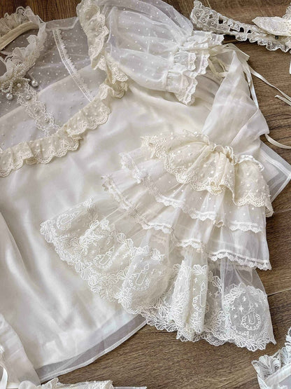 Tulle White with Sleeves Creamy Detachable Blouse Dotted Puff