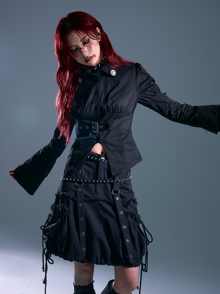 Distressed Side - Design Black Skirt Punk Pockets Drawstring