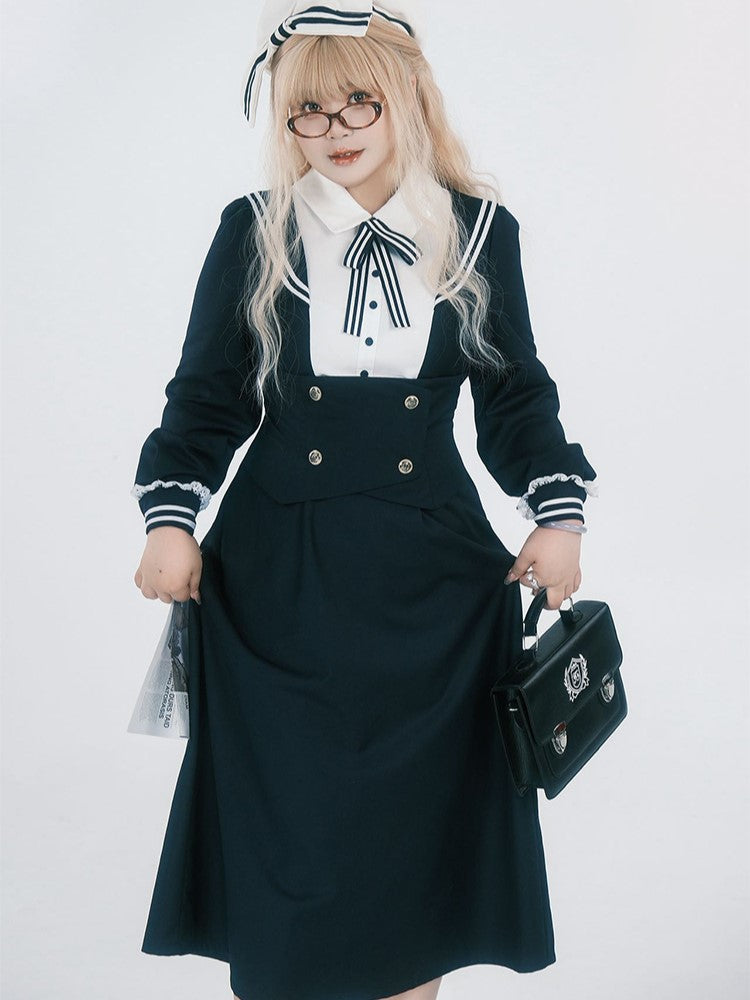 Midi JK Dress Size Striped Uniform Accents Preppy Black with Faux Plus Collar Two-Piece Sailor