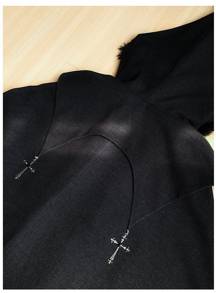Witch Trim Cross with Fur Autumn for and Faux Winter Lolita Gothic Charms Black Cloak
