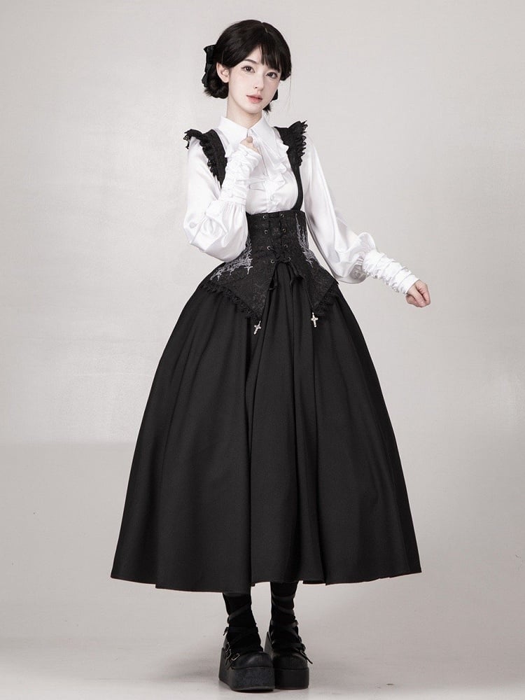 Black Under Bust Boned High Wast Gothic Lolita Skirt with Detachable Straps Long Version