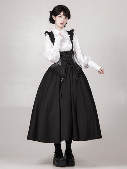 Black Under Bust Boned High Wast Gothic Lolita Skirt with Detachable Straps Long Version