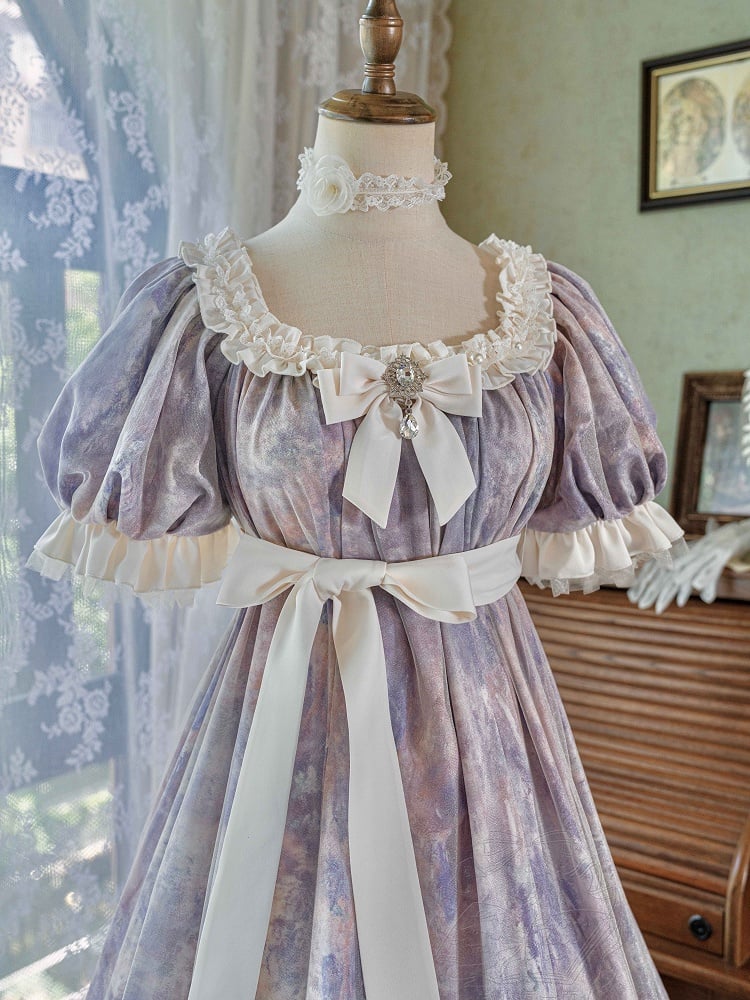 Klassisches Empire Maxi-Stück Lila Lolita Öl Eine Elegante Taille Malerei Kleid Druck