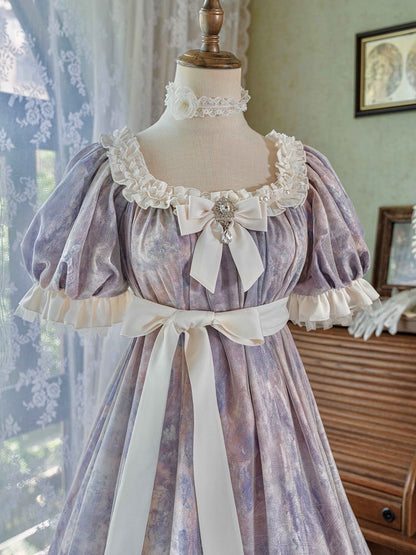 Klassisches Empire Maxi-Stück Lila Lolita Öl Eine Elegante Taille Malerei Kleid Druck