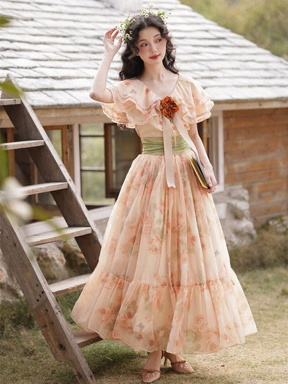 Orange Pink Vintage Floral Print Tiered Shawl Collar Dress