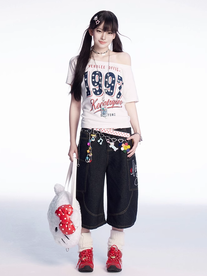 ホワイトネック ヴィンテージ ラウンド アシンメトリーネックライン ナンバープリント