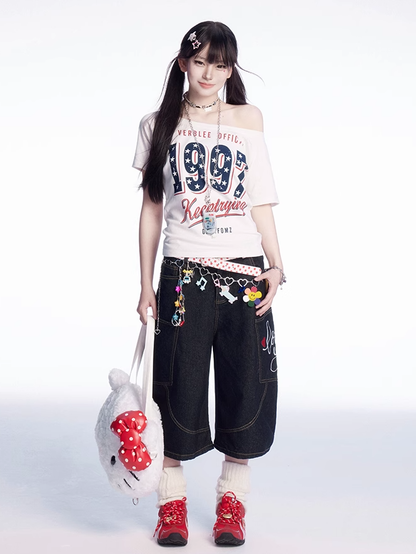 ホワイトネック ヴィンテージ ラウンド アシンメトリーネックライン ナンバープリント